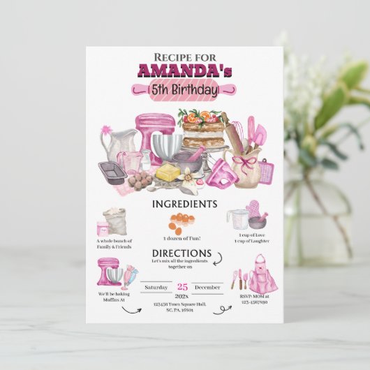 Baking Birthday Party Girly Cooking Birthday Party Kaart (Staand voorkant)