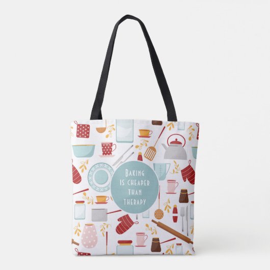 Baking Cheaper dan Therapy Funny Kitchen Blue Tote Bag (Achterkant)