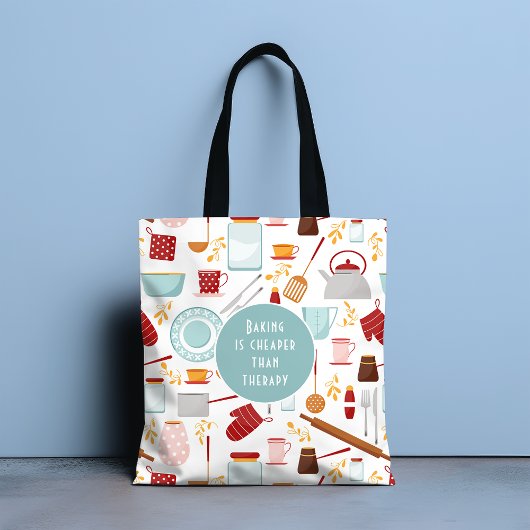 Baking Cheaper dan Therapy Funny Kitchen Blue Tote Bag