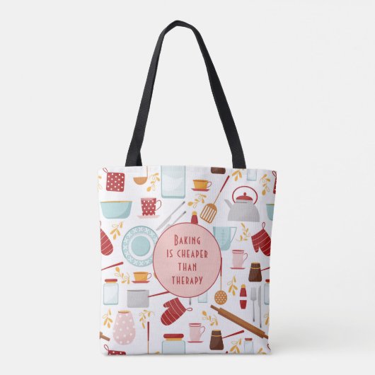Baking Cheaper dan Therapy Funny Kitchen Pink Tote Bag (Achterkant)