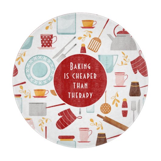 Baking Cheaper dan Therapy Funny Kitchen Red Snijplank (Voorkant)