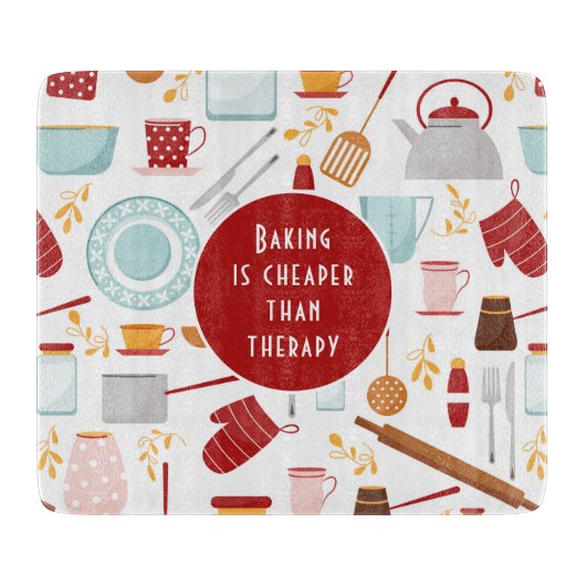 Baking Cheaper dan Therapy Funny Kitchen Red Snijplank (Voorkant)