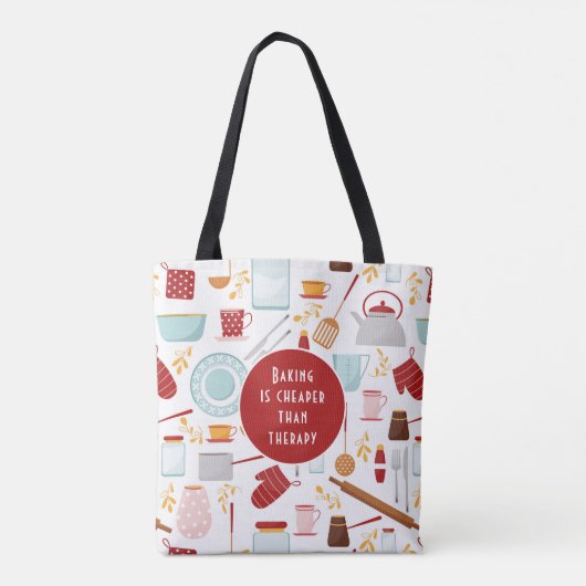 Baking Cheaper dan Therapy Funny Kitchen Red Tote Bag (Achterkant)