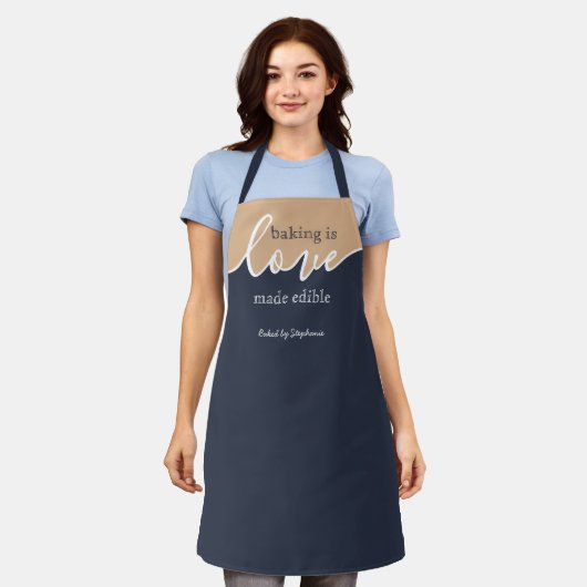 Baking is Love made Eetble NAVY & TAN Script Schor Schort (Gedragen)