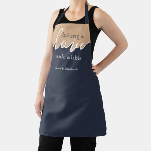 Baking is Love made Eetble NAVY & TAN Script Schor Schort (Insitu)