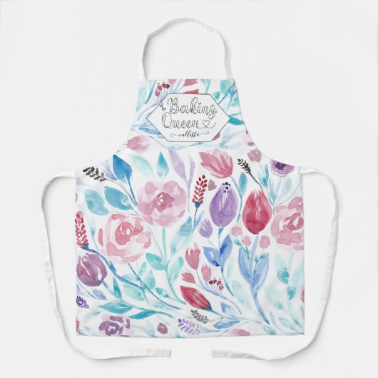 Baking Queen Roze Blauw Lente Waterverf Bloemen Schort (Voorkant)