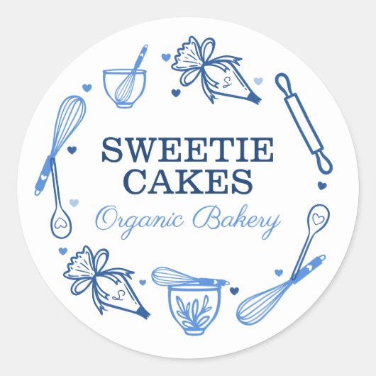 Bakken en koken, gereedschap, marineblauw en wit ronde sticker (Voorkant)