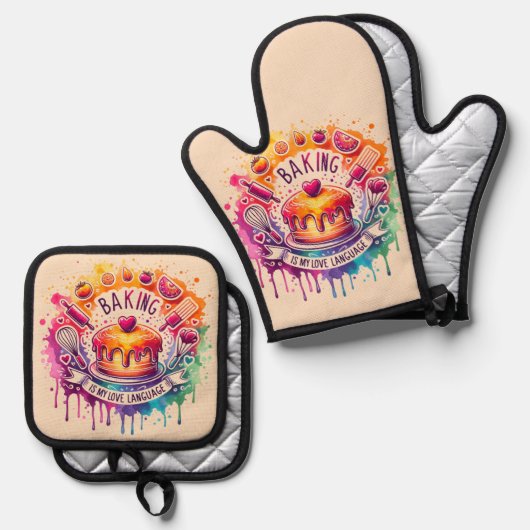 Bakken is mijn liefdestaal - taart - ovenwant & pannenlap set (Voorkant / Achterkant)