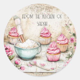 Bakken van roze cupcakes ronde sticker