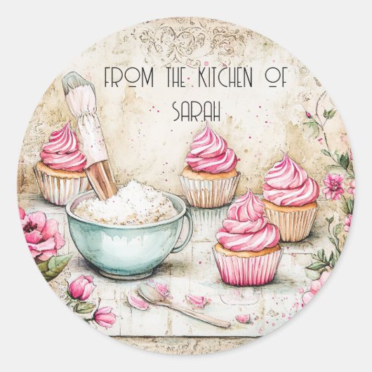 Bakken van roze cupcakes ronde sticker (Voorkant)