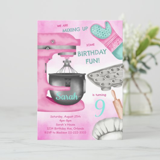 Bakken Verjaardagsfeest Girly koken uitnodiging (Staand voorkant)