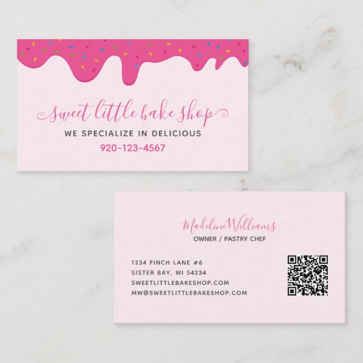 Bakker Bakkerij Frosting Drips Sprinkles Roze QR-c Visitekaartje (Voorkant / Achterkant)