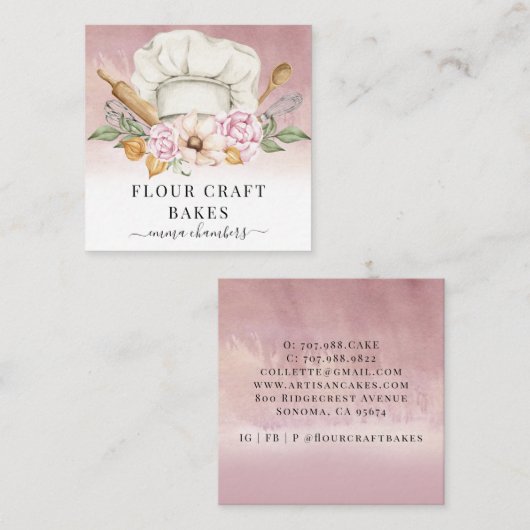 Bakker gebak Chef Bakkers Gereedschap Stoffig Roze Vierkante Visitekaartje (Voorkant / Achterkant)