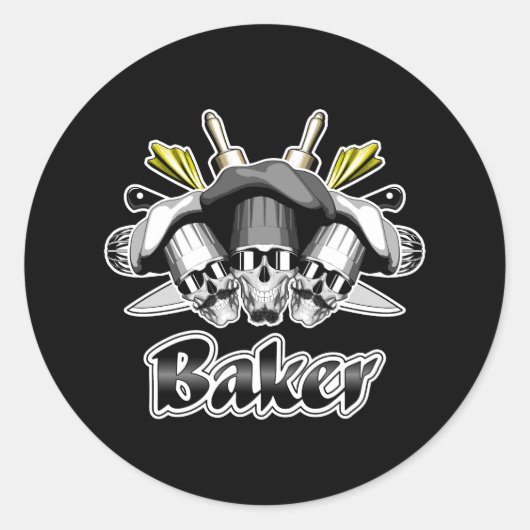 Bakker schedel en keukengerei ronde sticker (Voorkant)
