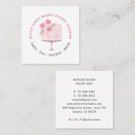 Bakkerbakkersgebak Waterverf Floral Cake Sq Vierkante Visitekaartje (Voorkant / Achterkant)