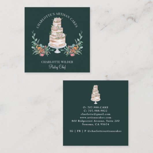 Bakkergebak Waterverf Floral Cake Black Vierkante Visitekaartje (Voorkant / Achterkant)