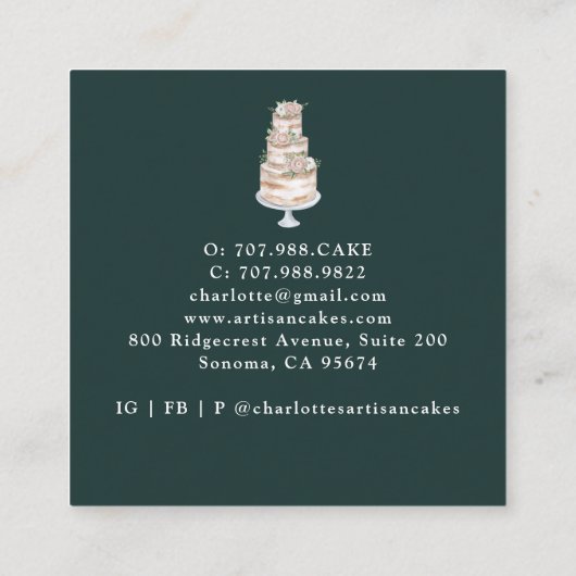 Bakkergebak Waterverf Floral Cake Black Vierkante Visitekaartje (Achterkant)