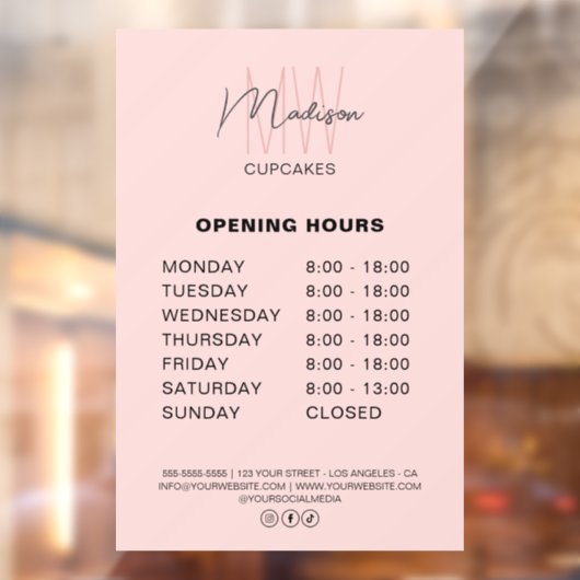 Bakkerij Aangepast Monogram Logo Roze Openingstijd Raamsticker (Vel 2)