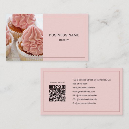 Bakkerij Aangepaste Foto QR Code Minimaal Roze Visitekaartje (Voorkant / Achterkant)