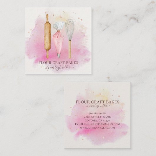 Bakkerij banketbakker bakkersgereedschap roze vierkante visitekaartje (Voorkant / Achterkant)