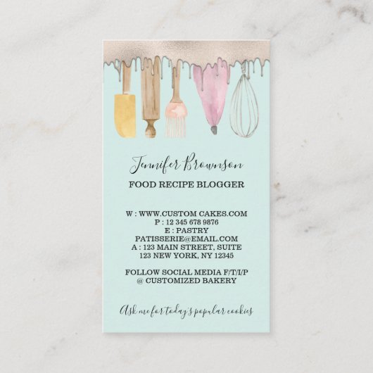 Bakkerij banketbakker Blauwgroen Waterverf taart d Visitekaartje (Achterkant)