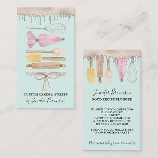 Bakkerij banketbakker Blauwgroen Waterverf taart d Visitekaartje (Voorkant / Achterkant)