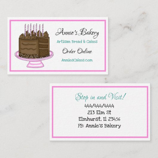 Bakkerij | Birthday Cake | Blauwgroen en roze Visitekaartje (Voorkant / Achterkant)