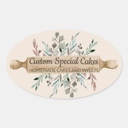 Bakkerij Bloemen Koken Deegroller Blush Rustiek Ovale Sticker (Voorkant)