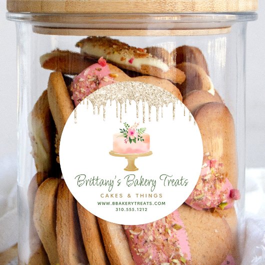 Bakkerij Blush Roze Cake Gold Glitter Drift Desser Ronde Sticker