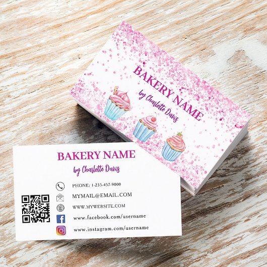 Bakkerij blush roze cupcakes gebak QR code Visitekaartje