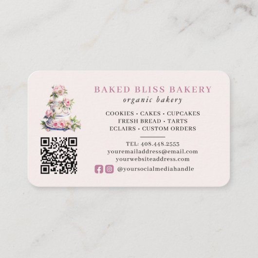 Bakkerij Blush Roze Waterverf Floral Cake Visitekaartje (Achterkant)