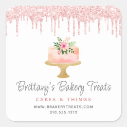 Bakkerij Cake Blush Roze Glitter Druppels Gebaksko Vierkante Sticker