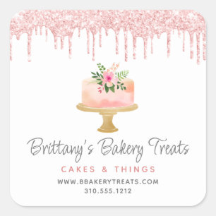 Bakkerij Cake Blush Roze Glitter Druppels Gebaksko Vierkante Sticker
