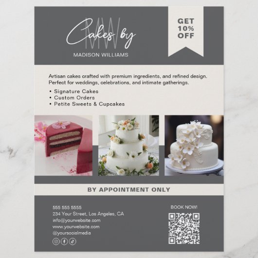 Bakkerij Cake Op Maat Gemaakt Logo Monogram Grijs  Flyer (Voorkant)