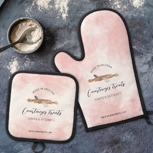 Bakkerij Chef Logo Schattige Roze Waterverf Brande Ovenwant & Pannenlap Set
