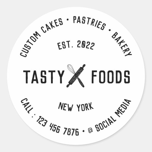 Bakkerij Chef Twee Woorden Naam Logo Eten Ronde Sticker (Voorkant)