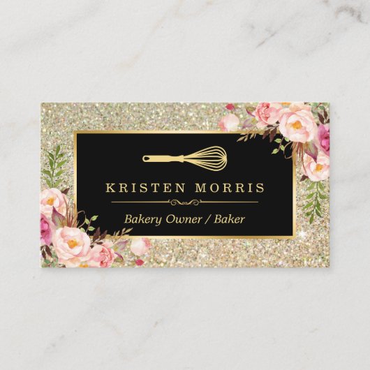 Bakkerij Chef Whisk Logo Floral Gold Glitter Visitekaartje (Voorkant)