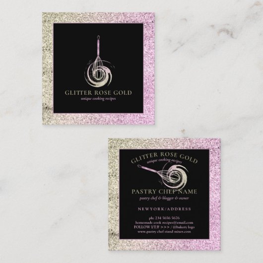 Bakkerij Chef Whisk Logo Roos Gold Glitter Vierkante Visitekaartje (Voorkant / Achterkant)