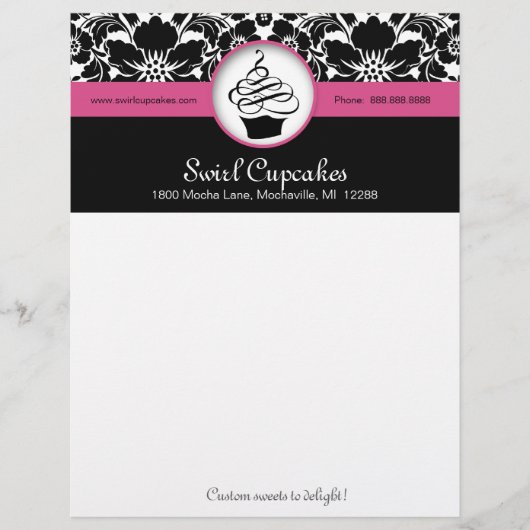 Bakkerij Cupcake Letterhead Pink Floral Damask Briefhoofd (Voorkant)