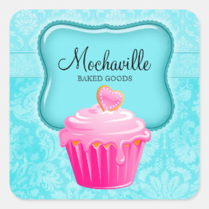 Bakkerij Cupcake Vintage Damask Aqua Vierkante Sticker