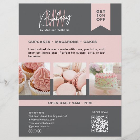 Bakkerij Custom Monogram Logo Grijs Roze Flyer (Voorkant)