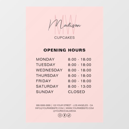Bakkerij Custom Monogram Logo Roze Openingstijden Raamsticker (Vel)