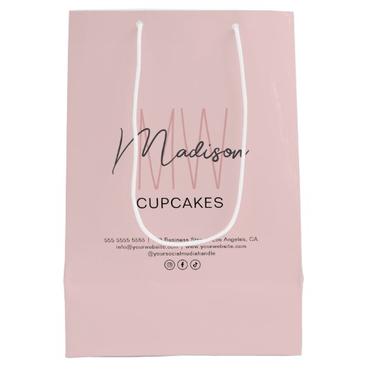Bakkerij Custom Monogram Logo Roze Papieren Zak Medium Cadeauzakje (Achterkant)