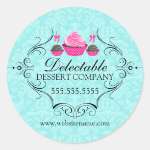 Bakkerij Damask Aqua Pink Cupcake Cake Poppen Ronde Sticker