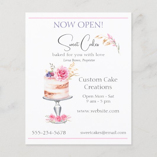 Bakkerij Elegant Waterverf Roze Cake Flyer (Voorkant)