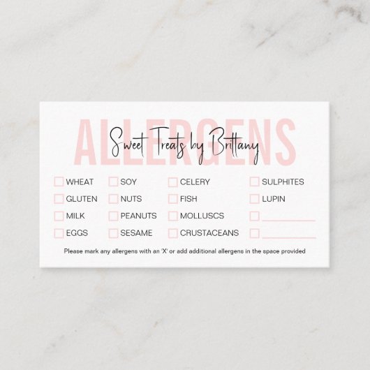 Bakkerij Feminine Blush Pink Food Allergy Checklis Visitekaartje (Voorkant)