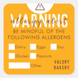 Bakkerij Food Allergy Alert Safety Sinaasappel Vierkante Sticker