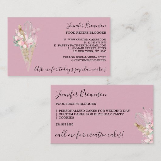 Bakkerij Gebak Bloemen Boho Creatieve chef-kok roz Visitekaartje (Voorkant / Achterkant)