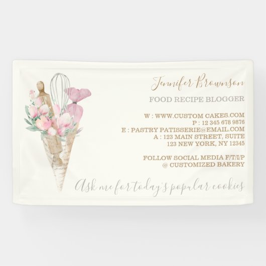 Bakkerij Gebak Roze Bloemen Boho Creatief Spandoek (Horizontaal)
