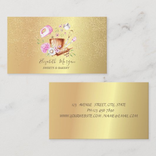 Bakkerij Gereedschap Bloemen Roos Goud Confetti Visitekaartje (Voorkant / Achterkant)